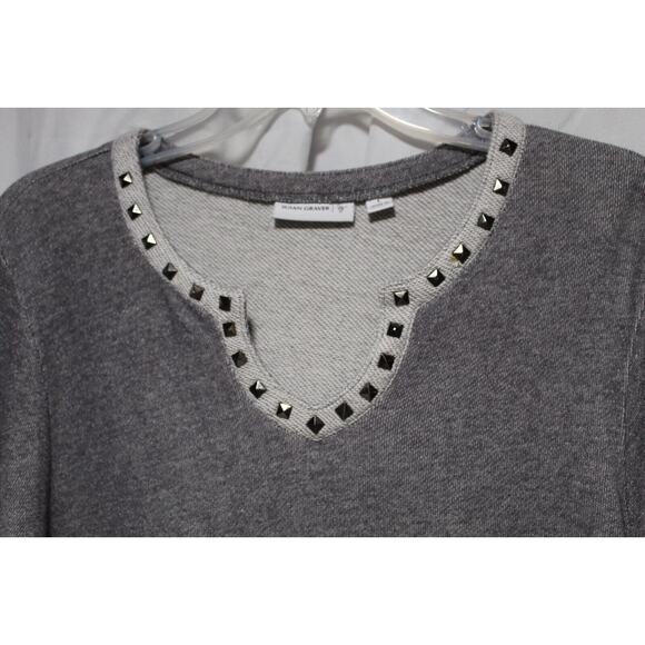 Susan Graver Women's L Gray Knit Top Sweetheart Studded Neck Rolled 3/4 Sleeve - Picture 2 of 12